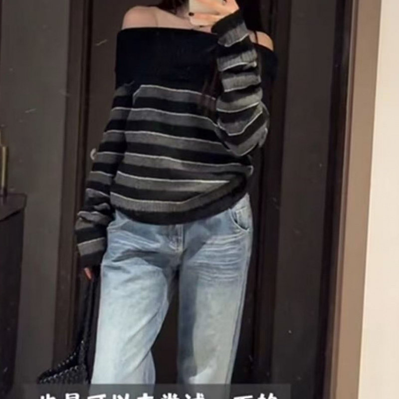 2025秋冬季新款韩系气质条纹毛衣女一字肩设计感纯欲风针织衫上衣,女装/女士精品,毛针织衫,淘宝优惠券,粉丝福利购,淘宝优惠卷