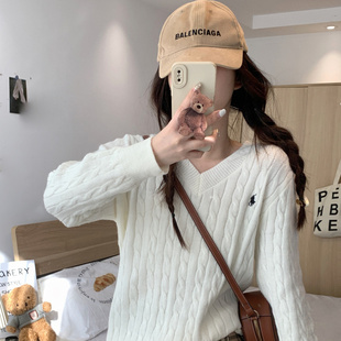 刺绣V领麻花白色毛衣针织衫女秋季季内搭宽松显瘦长袖打底衫上衣