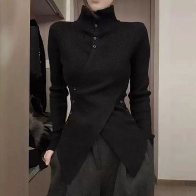 韩系不规则高领收腰针织衫女2025