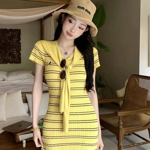 纯欲性感针织短袖连衣裙女夏季新款修身显瘦条纹包臀短裙披肩套装