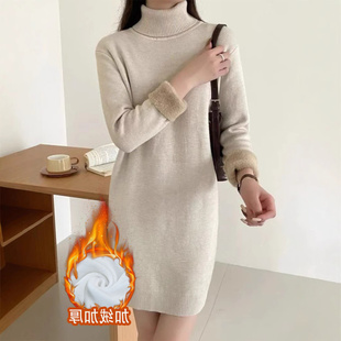 加绒加厚一体绒秋冬保暖打底衫针织衫毛衣女高领长袖中长款连衣裙