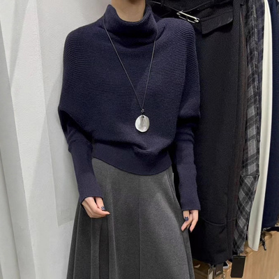2025蝙蝠袖堆堆领针织打底衫女秋