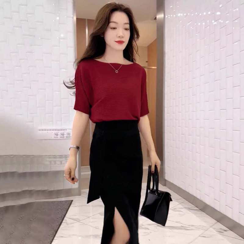一字肩上衣女夏季薄款冰丝针织衫中袖七分袖t恤女夏装短袖蝙蝠衫