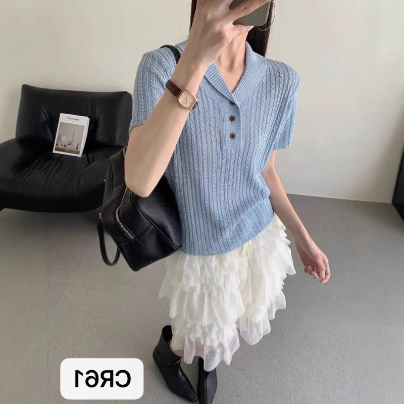 韩版翻领麻花纹天丝亚麻针织衫女夏新款短袖套头气质V领百搭上衣