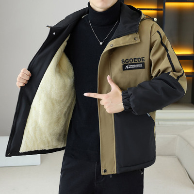 加绒加厚外套男2025新款秋冬季工装夹克男连帽高级感宽松冲锋衣潮