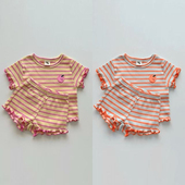 婴儿韩版 套装 短袖 两件套男女宝宝条纹薄款 木耳边条纹T恤短裤 夏季