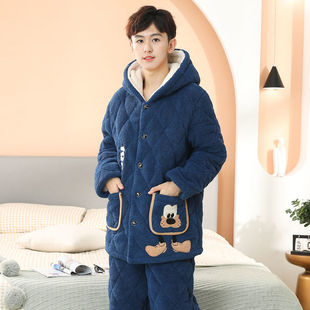 青少年睡衣男冬季三层加厚夹棉连帽珊瑚绒初中生中大童加绒法兰绒