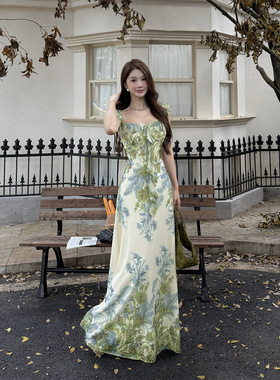 法式小众莫奈绿色花园荷叶边收腰连衣裙女 夏季气质优雅长裙