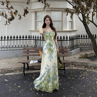 气质优雅长裙 夏季 法式 小众莫奈绿色花园荷叶边收腰连衣裙女