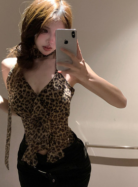 欧美豹纹挂脖吊带背心夏季新款设计感小众辣妹无袖上衣