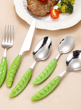 西餐餐具高颜值学生勺子陶瓷餐具绿色创意豌豆刀叉家用304不锈钢