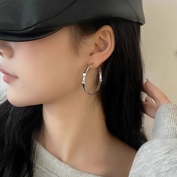 黑糖银色竹节百搭简约耳环大圆圈耳饰高级感几何不规则素圈耳钉