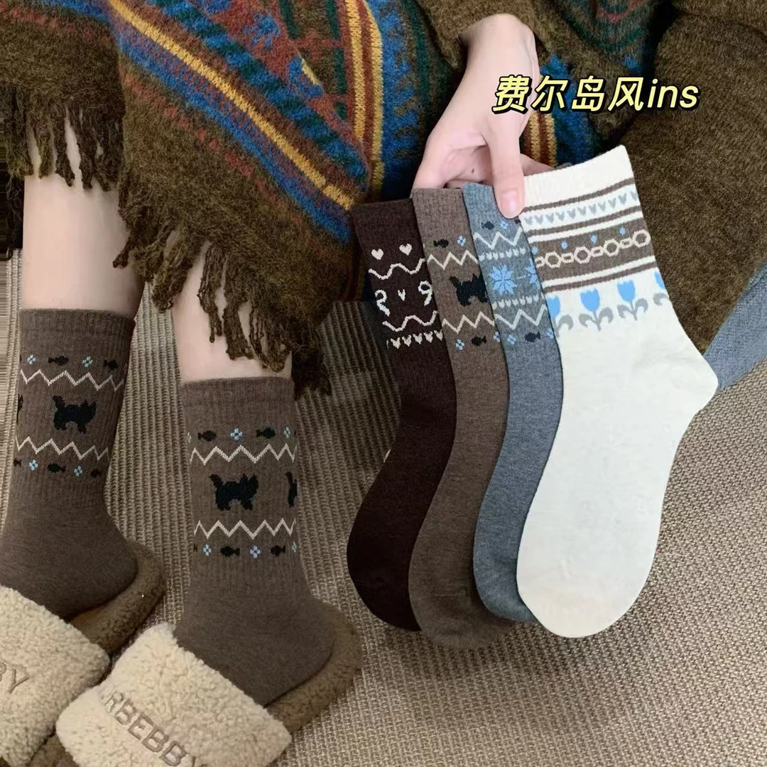 棉开心秋冬保暖民族风费尔岛袜子