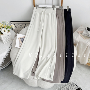 高腰抽绳显瘦开衩运动瑜伽长裤 女士罗纹拼接阔腿裤 Soft经典 Iu同款