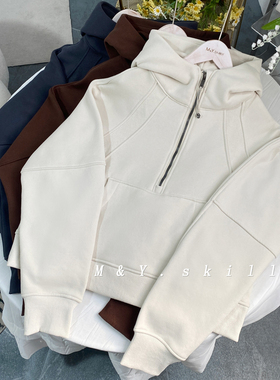 美拉德系~瑜伽运动Scuba半拉链连帽卫衣女冬加绒宽松保暖连帽外套