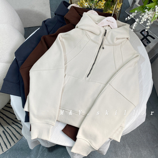 美拉德系~瑜伽运动Scuba半拉链连帽卫衣女冬加绒宽松保暖连帽外套