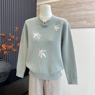 新中式妈妈装秋季针织衫上衣国风时尚长袖打底中老年女士春冬毛衣