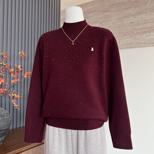 时尚新款妈妈装厚款半高领烫钻冬季内搭中老年女士一体绒保暖毛衣