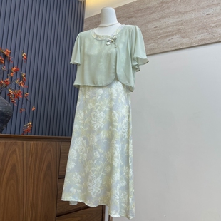时尚洋气新款妈妈装夏季短袖连衣裙中老年女圆领显瘦假两件长裙子