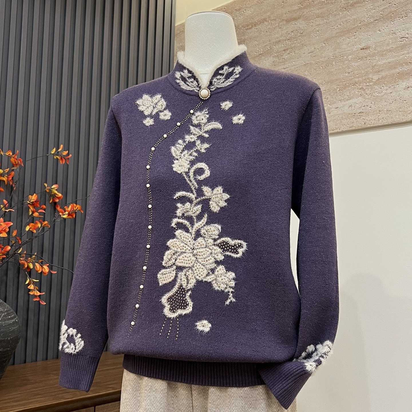 新中式妈妈装秋冬季针织内搭上衣一体绒加厚中老年女气质保暖毛衣