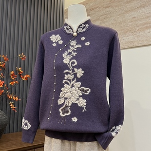 新中式妈妈装秋冬季针织内搭上衣一体绒加厚中老年女气质保暖毛衣