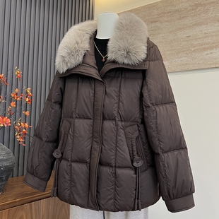 气质时尚新款妈妈装冬季狐狸毛领鹅绒开衫中老年女保暖羽绒服外套