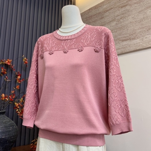 时尚洋气新款妈妈装针织春假七分袖上衣小衫中老年女圆领百搭T恤