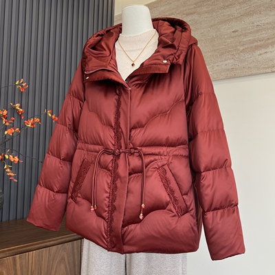 妈妈装中长款羽绒服收腰拉链开衫