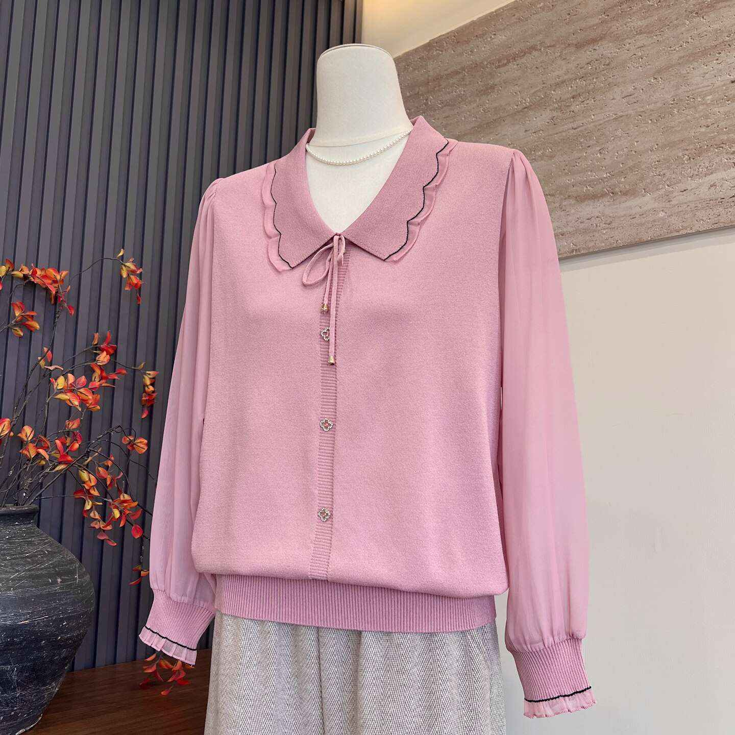 时尚新款妈妈装春季纱袖洋气翻领T恤小衫中老年女士显瘦百搭上衣