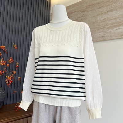 妈妈装春季圆领针织纱袖条纹上衣