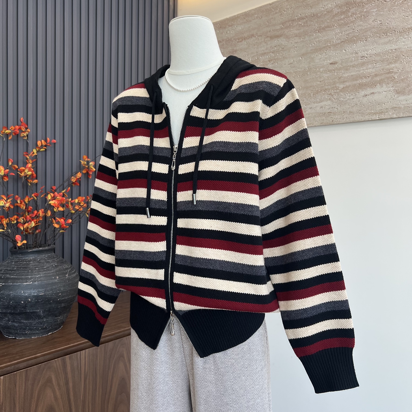 妈妈装秋季针织新款条纹连帽上衣