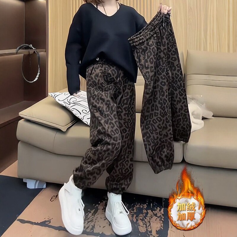 加绒加厚豹纹休闲裤女秋冬款大码宽松哈伦裤高腰显瘦保暖束脚卫裤