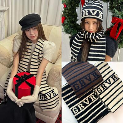 新版韩国小众 GR*VE 徐梦洁同款羊毛字母提花条纹针织围巾