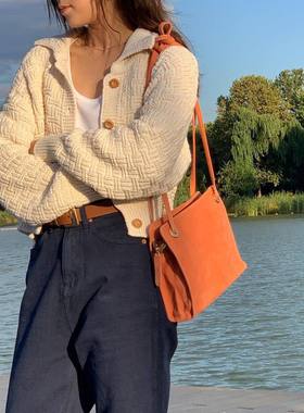 新版韩国小众东大门 modest mood 扭花菱格翻领针织开衫毛衣