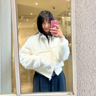 韩国小众新款金智秀同款休闲保暖拼接菱格羊羔毛短款外套