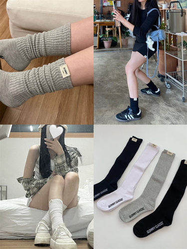 家居袜外贸GLOWNY 贴布字母针织袜轻奢简款可堆堆坑条袜子