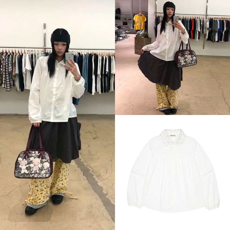 韩系印花拼接娃娃领衬衫东大门秋季新款甜美灯笼袖上衣女图片