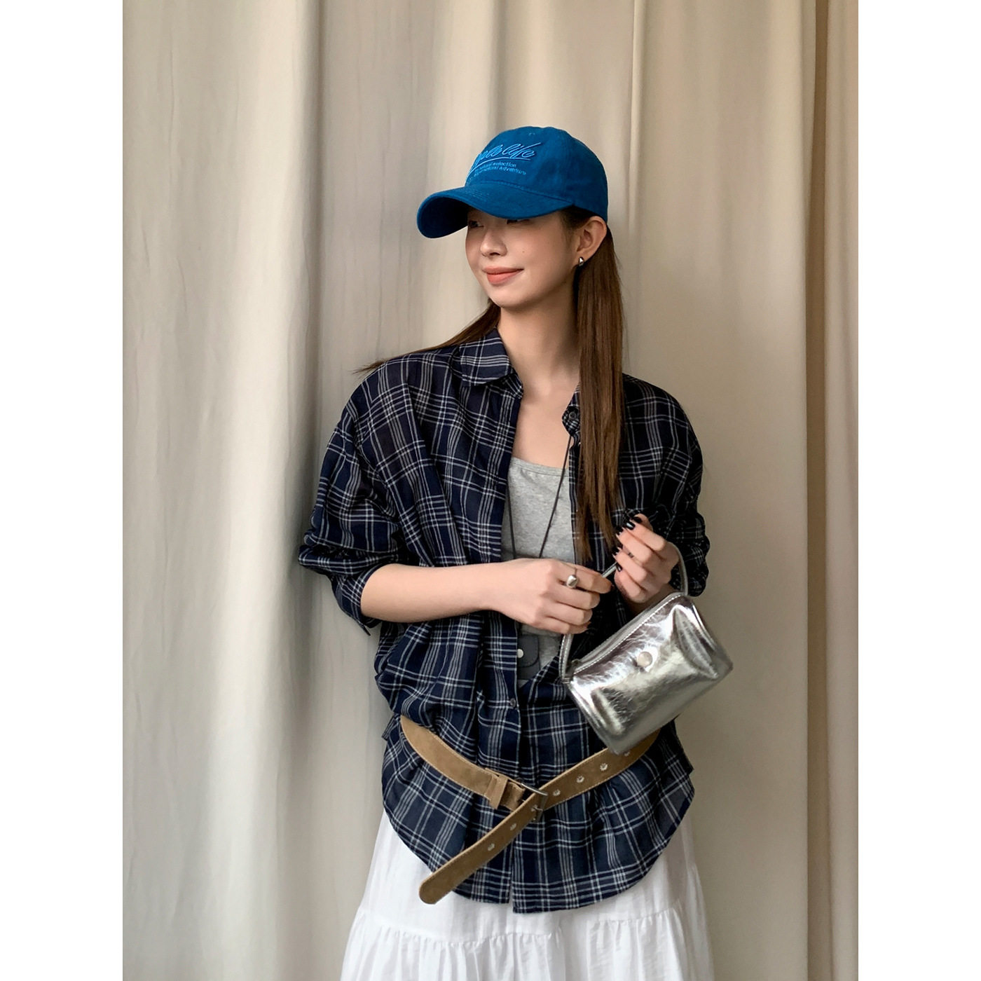 韩版廓形宽松格子衬衫两件套女春季新款休闲百搭叠穿长袖上衣