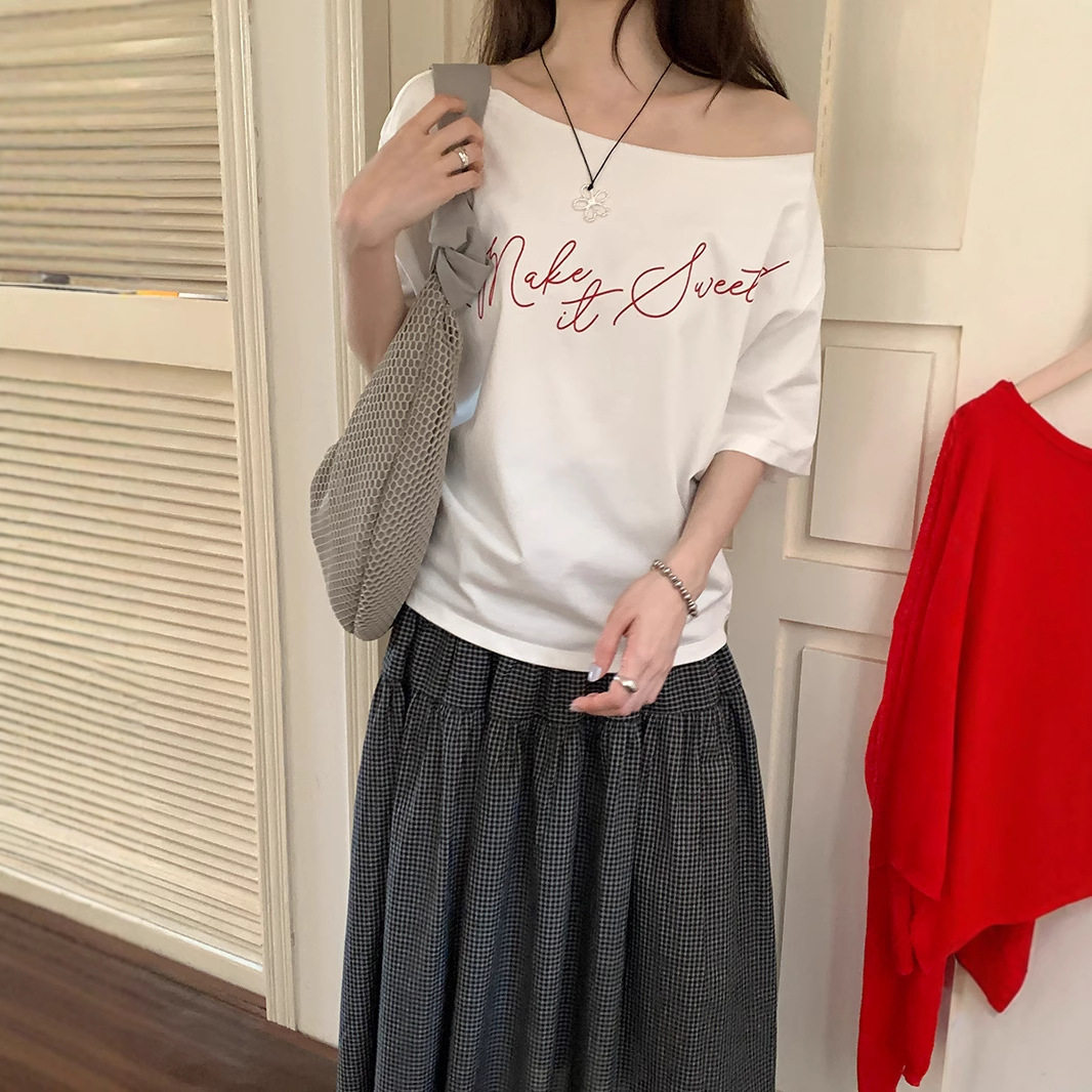 慵懒风露肩短袖女t恤夏季新款韩版宽松显瘦百搭休闲白色上衣