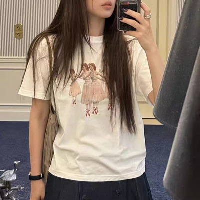 春季新韩国东大门fl*tta宽松圆领芭蕾女孩印花短袖T恤上衣