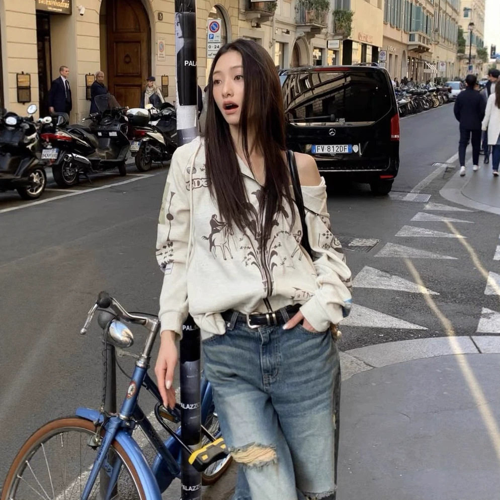 韩系涂鸦印花连帽卫衣女长袖拉链外套休闲套装夏季穿搭