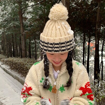 韩国小众 24秋季新款 条纹毛球针织毛线帽