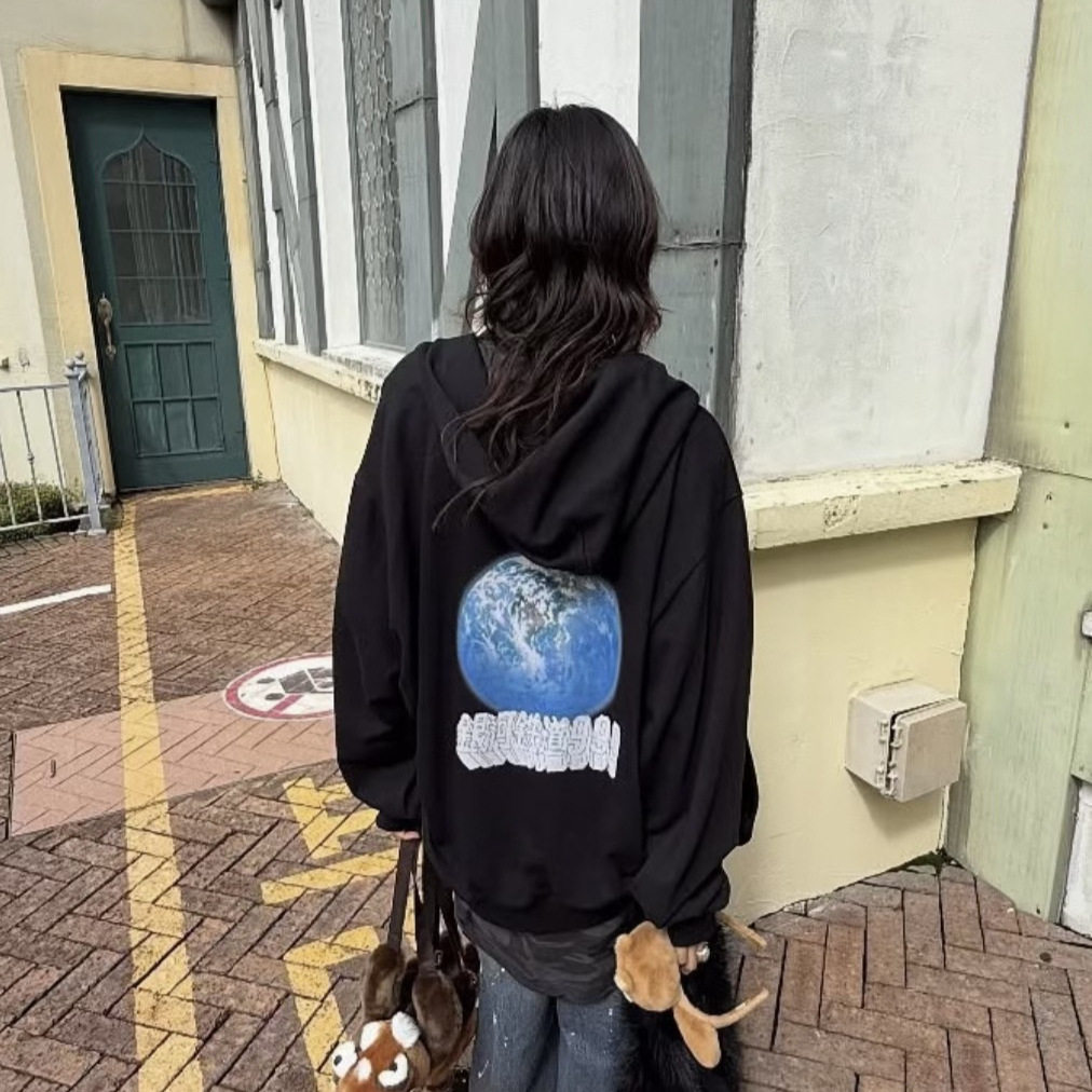 韩式小众地球印花连帽卫衣女宽松百搭拉链外套黑色