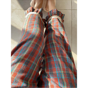 女士蕾丝边2尺5内 女胖MM宽松休闲家居遛弯裤 秋冬新款 格子睡裤