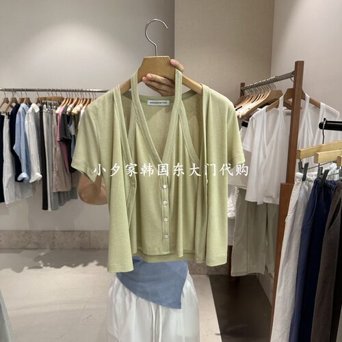 一件包邮 小夕韩国东大门代购ANDMORE BUTTON 26夏季女假两件 T恤