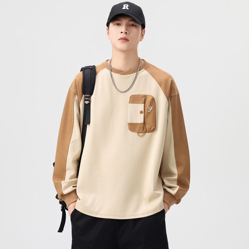 WANLEGETU日系复古套头圆领卫衣山系绣花口袋插肩袖男装上衣外套