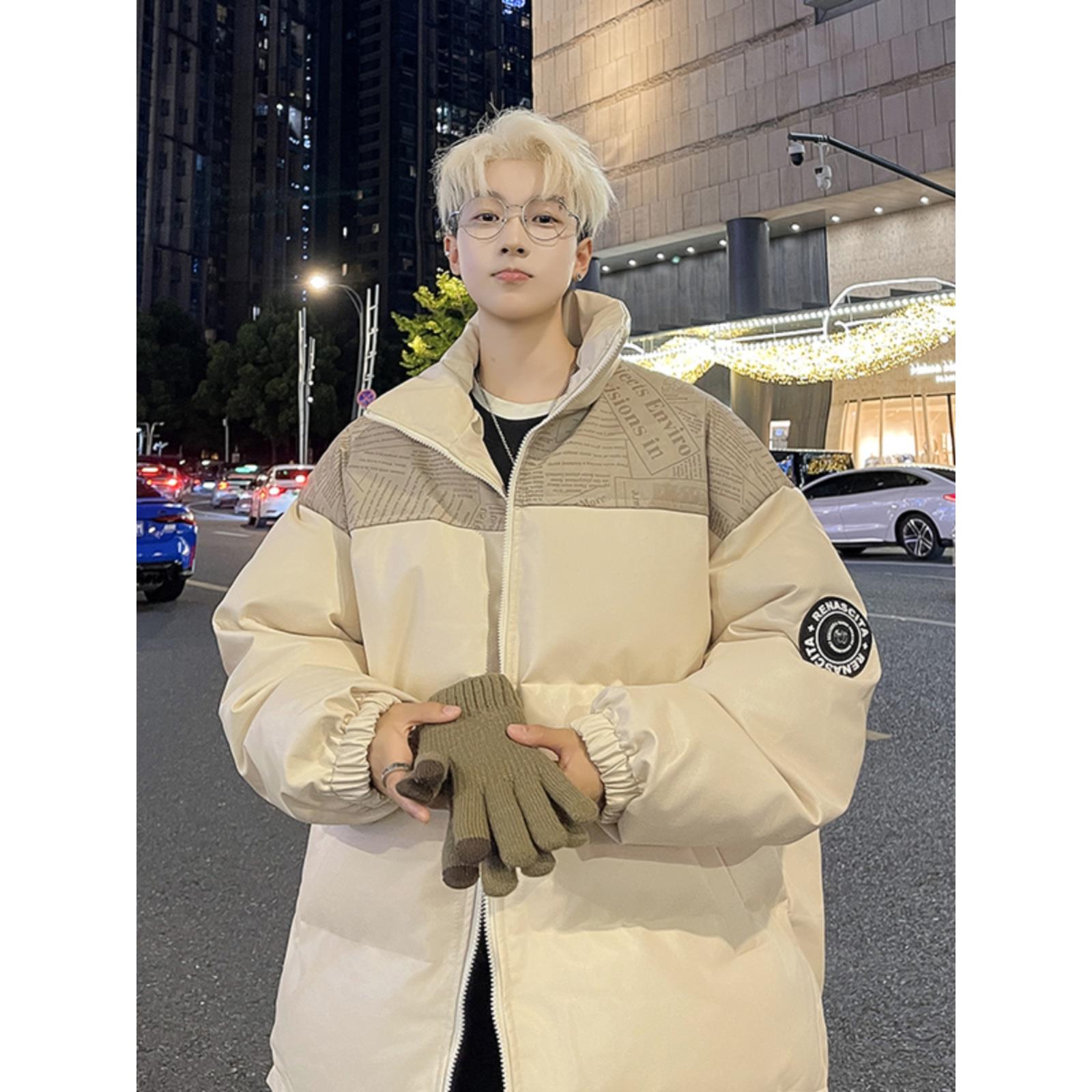 冬季美式PU皮羽绒服男士加厚情侣韩版ins潮流立领面包服宽松外套