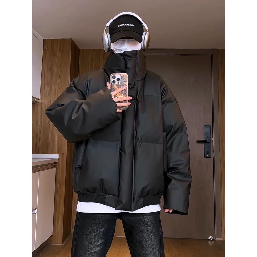 cleanfit短款羽绒服男冬季立领PU皮棉服外套加厚保暖面包服情侣装