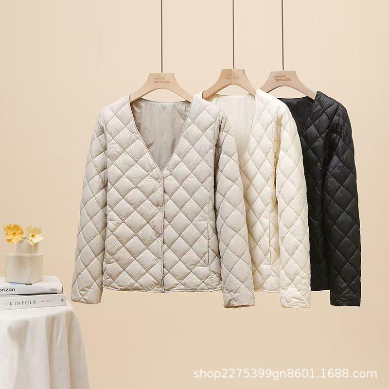2025新款90绒轻薄羽绒服女V领内胆大衣伴侣内搭短款菱格无领外套