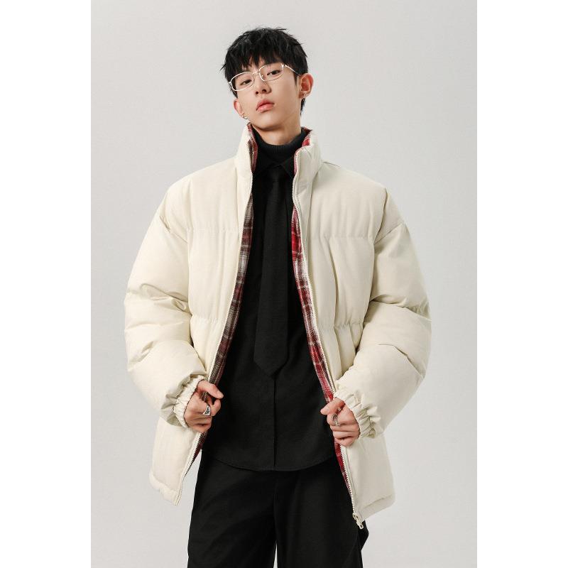 格子立领面包棉服男士冬季新款加绒加厚保暖羽绒棉袄男生棉衣外套